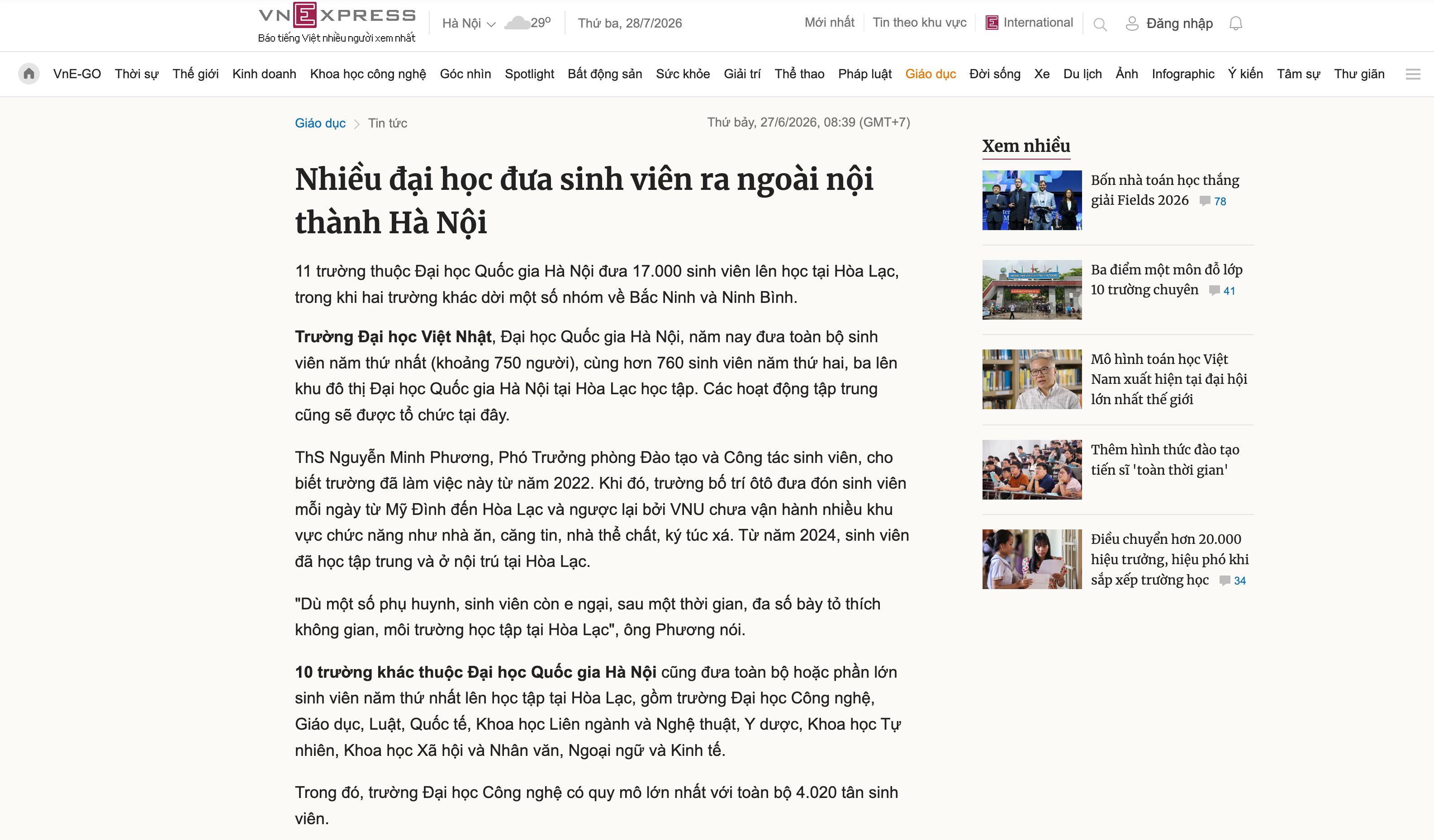 Báo VnExpress - Nhiều đại học đưa sinh viên ra ngoại nội thành Hà Nội